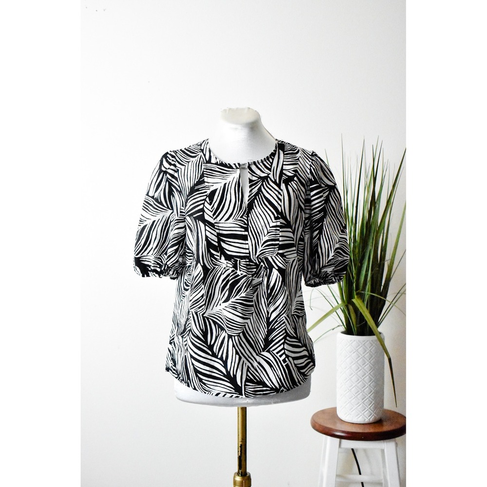 Christian Siriano Blouse Women XS Black White‎ Modern Palm Leaf Puff Sleeve Top
